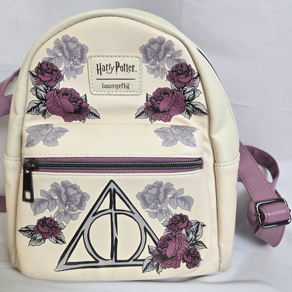 Loungefly Handbags - Loungefly Harry Potter Floral Deathly Hollows Mini Backpack, Cream Purple